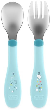 Chicco Couverts en Acier Inoxydable, Couverts Enfants, Set Bouillie, Fourchette et Cuillère pour Enfants, en Acier Inoxydable, Facile à Porter, Set Sevrage Première Bouffe, 2 Pièces, 18M+, Bleu clair