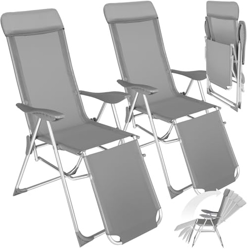 tectake® Lot de 2 Fauteuil de Jardin Chaise Longue Pliable avec Repose Pieds Accoudoirs, Appuie-tête Amovible Salon de Jardin Exterieur, Structure en Aluminium, Dossier Inclinable