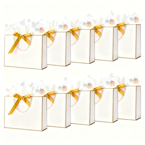 Large White Gift Bags for Present | 10 Pcs White Bags with Bows Cards Wrapping Paper Suitable Birthday Wedding Baby Shower Party Anniversary Christmas