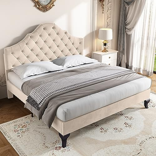 ABIN Upholstered bed with slatted frame and headboard, 4ft6 Double Bed,135 * 190,Upholstered bed with height-adjustable headboard, Youth bed, Wooden slat support, Easy assembly, Velvet