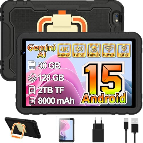 Android 15 Tablette 10 Pouces, 30Go RAM+128Go ROM(TF 2To), Octa-Core, Gemini Al Tablette Tactile, 8000mAh, Widevine L1, Contrôle Parental, EVA Étui de Protection Antichoc, 360° Rotatif Support (Noir)