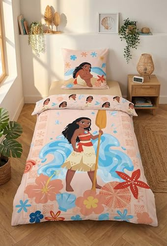 Vaiana Funda Nórdica Cama 90 140x200 + Funda Almohada 65x65 Algodón Botones | Ropa de cama reversible | Algodón natural transpirable Oeko-Tex | Disney oficial | Niña | Botones | Regalo | Idea regalo