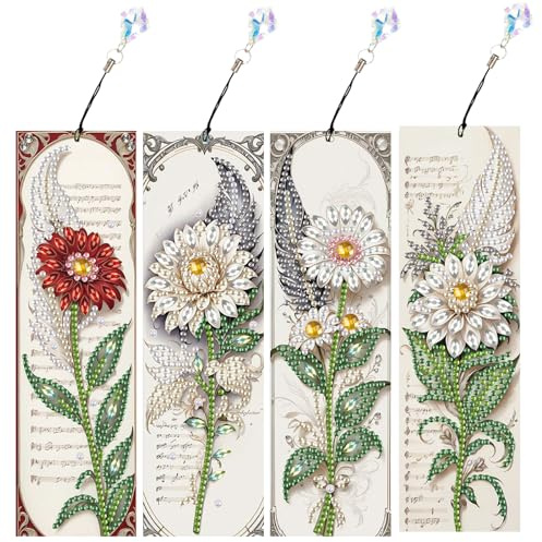 JICFDAO Segnalibri vintage per pittura con diamantini, 4 pezzi, per pittura a diamante, con nappe, divertenti segnalibri con strass speciali, fai da te, pennarello laterale, regalo per fiori