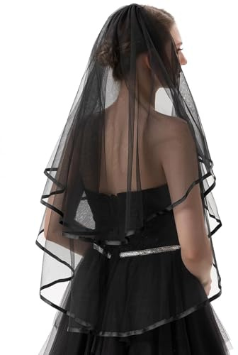 JYSNOW 60-80 cm Voile Mariée, Voile de Mariage Courte 2 Couches avec Peigne, Voile de Mariage Mariée en Tulle, pour Déguisements de Soirées Fête Reprises de Banquet Halloween Bachelor Party (Noir)