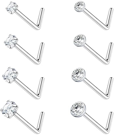 sawyofu Nose Stud Ring Silver Gold 8PCS 20G Hypoallergenic Stainless Steel Small Thin CZ L Shaped Nose Studs Body Piercing Jewellery Lip Bars 1.5mm 2mm 2.5mm 3mm
