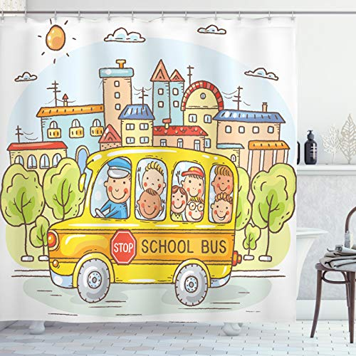 ABAKUHAUS Schulbus Duschvorhang, Bus gefüllt mit Kleinkindern, Stoffliches Gewebe Badezimmerdekorationsset mit Haken, 175 x 200 cm, Mehrfarbig
