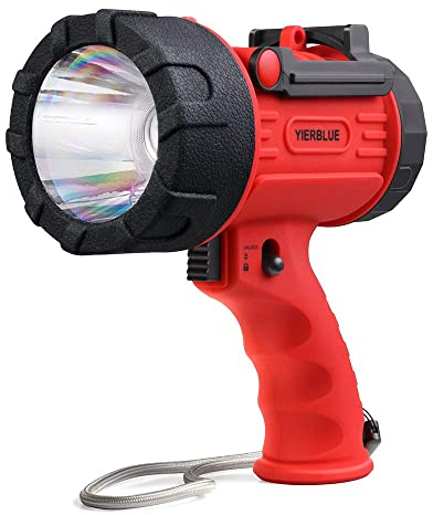 YIERBLUE Rechargeable Spotlight with Super High Lumen LED, IP67 Waterproof Handheld Flashlight Searchlight with Detachable Red Light Filter, Long Running