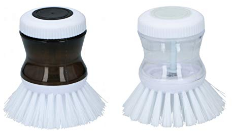 Soap Dispensing Palm Dish Brush Kitchen Brush For Dishes Pot Pan Sink Cleaning Small Dish Scrubber Round Brush With Built In Soap Dispenser, Pack Of 2 (Black & White)