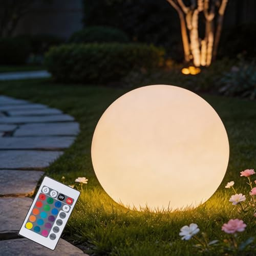FANOAULEA 12 Inch Ball Light, Outdoor Glow Globe Light with Remote Control, LED Solar Gazing Ball Night Light 16 Modes RGB Color Changing, Waterproof Solar Globe for Garden Yard Pathway Decor