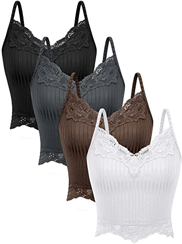 4 Canotte in Pizzo Canottiera Y2k Top Corto per Donna Canotta in Maglia a Costine (M, Nero, Bianco, Pelle, Grigio)