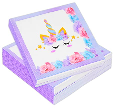 60 Stück Servietten Unicorn, Papierservietten Paper Napkins Einhorn Wegwerfservietten Bedruckte Papiertaschentücher Partyzubehör für Mädchen Geburtstag und Babypartys Deko, 33 x 33 cm, Lila