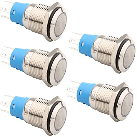 RUNCCI-YUN 5 Pezzi Interruttore Momentaneo in Metallo 16mm, 12-24 V Impermeabile DIY Rotondo ON OFF per Auto Campanello con Luce LED ad Anello Blu (Testa Piatta)