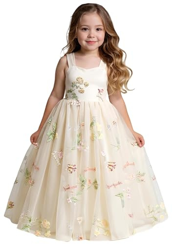 2Bunnies Girl Enchanted Floral Embroidered Tulle Flower Lace A-Line Garden Party Flower Girl Dress (Ivory Bow Maxi, 6)