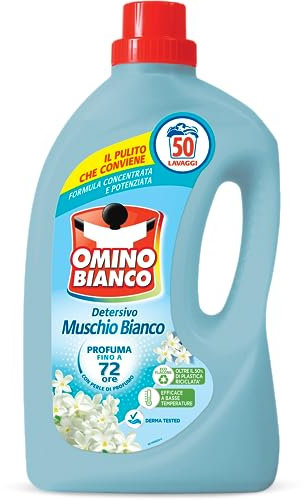 Omino Bianco - Detersivo Lavatrice Liquido, 50 Lavaggi, Rispetta Colori e Tessuti, Fresco Profumo con Essenza di Muschio Bianco, 2000 ml