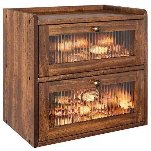 Alpeir Double Layer Large Bread Box for Kitchen Counter, Wooden Corner Bread Storage Container with Acrylic Window, Retro Brown