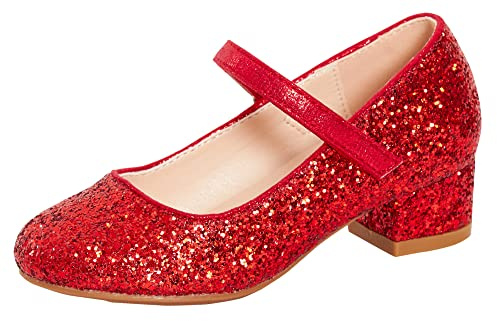 Lora Dora - Scarpe da bambina con tacco basso a blocco, con cinghia regolabile, per occasioni speciali, in nero, argento, rosso, oro, fucsia, glitter, EU 10/28 - UK 2/34, 36 2/3 EU