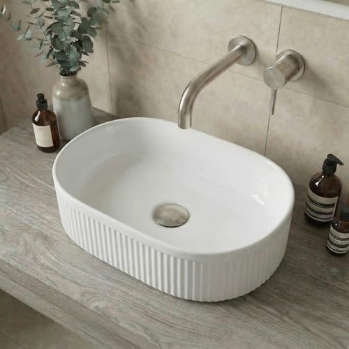 BAYSTONE® Fluted Countertop Basin for Bathroom and Cloakroom Hand Wash Basins Sink Modern White Gloss Oval, 573 x 358mm