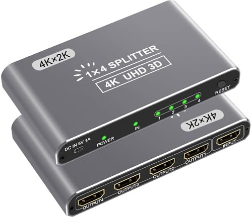 CLOSS 1 in 4 HDMI Splitter, 4K HDMI Splitter for Dual Monitors, Supports 3D, Full HD 1080P, Aluminum, Compatible for PS4, Fire Stick, HDTV (1 Source to 4 Displays) Silver