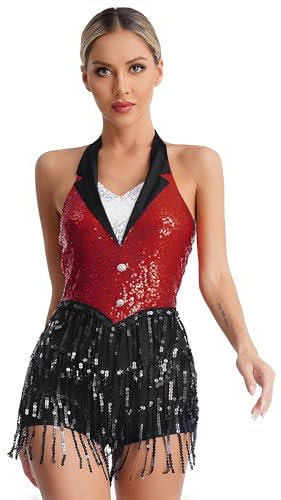 iiniim Damen Latein Tanzkleid Glitzer Ballettkleid Pailletten Fransen Jumpsuit Overall Jazz Tanzkleidung Ballsaal Show Performance Tanzkostüm Rot S