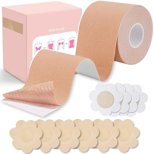 Brust Tape Klebe BH Push Up,Boobietape für Große Brüste,Bruststraffungsband BH mit 5 Paar Einweg Nippelpads und 36 Fashion Tape,Klebe BH Push Up Brust Tape Nipple Cover für Damen