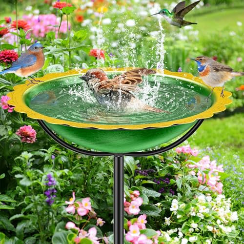 Bain d'Oiseaux Extérieur en Métal - Abreuvoir et Mangeoire sur Pied pour Oiseaux Sauvages - Décoration de Jardin (Vert-Jaune)
