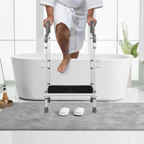 Fußbank Badezimmer Badewannen, Fußtritt Badewanne mit Griff halten, Badewannen Einstiegshilfe für Senioren, EIN und Ausstiegshilfe Badewanne, mit Armlehnen, Tragfähigkeit 250 kg, Weiß