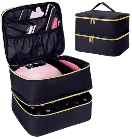 YAHOURWAT Nagellack Aufbewahrung Tasche Doppelschicht Nagellack Organizer Lagerung 30 Flaschen (15 ml / 0,5 FL.oz) mit verstellbarem Trenner für die Aufbewahrung von Nageltrockner und Nagel,Schwarz