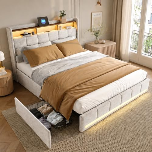 Cama Tapizada 140x190 con Espacio de Almacenamiento, Cama Matrimonial con Toma USB y luz LED, Cama Juvenil con 4 Cajones, Estructura de Cama con cabecero y somier, Tela de Lino, Sin Colchón, Beige