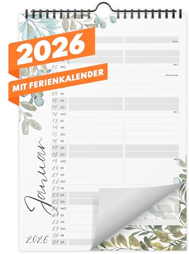 Kalender 2026 Wandkalender (Monatskalender im A4 Hochformat) - Monatskalender 2026 für das ganze Jahr von Januar bis Dezember mit Ferienübersicht - Ideal als Paarkalender oder Familienplaner