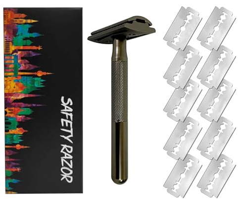 Dioche Dubbel Säkerhetshyvel för Män Manuell Rakhyvel i Vintagestil med Långt Handtag och 10 Blad för Smidig och Bekväm Rakning (Vapen färg)
