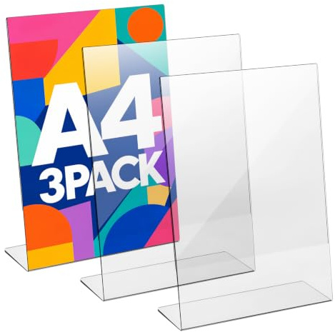 Lot de 3 Porte Affiche A4 Porte Document Transparent Porte-Document en Acrylique Stands de Présentation A4 en Forme de L de publicité, brochures, menus pour Réception, Bureau, Restaurant, 30 x 21 cm
