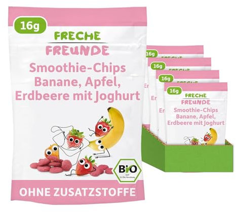 FRECHE FREUNDE Bio Fruchtchips Smoothie - Banane, Apfel, Erdbeere mit Joghurt, gefriergetrocknete Obst Chips, Trockenfrüchte ohne Zuckerzusatz, laktosefrei, glutenfrei, 12er Pack (12 x 16g)