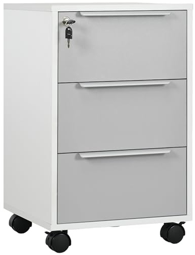 HOMCOM 3-Drawer Lockable Filing Cabinet, File Cabinet on Wheels, Mobile Office Storage Drawers for Home Office, Bedroom and Living Room, White and Grey
