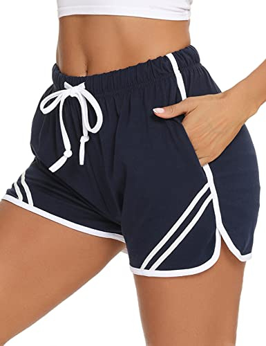 Litherday Pantaloncini Donna Estivi Cotone Pantaloncini Sportivi Donna Corti con Tasche con Strisce Laterali a Contrasto per Casa Palestra Yoga Jogging Fitness Casual Blu M