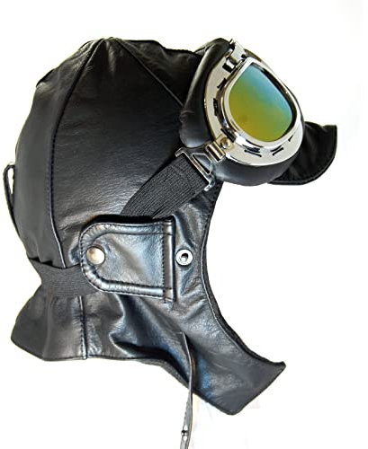 Cabriohaube Cabriomütze Fliegerhaube Oldtimermütze Leder in Schwarz inkl. Panorama Brille Herren Damen Unisex - XL N