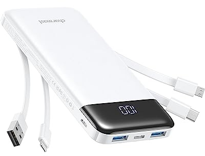 Charmast Portable Charger with Built in Cables, Power Bank with Cords Wires, Slim 10000mAh Travel Battery Pack 6 Outputs 3 Inputs 3A Fast Charging for Samsung Google Pixel LG Moto iPhone iPad