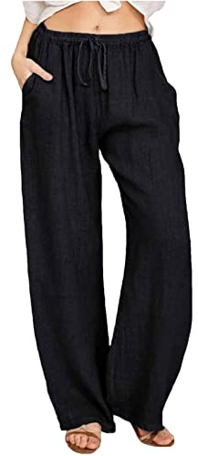 Yutdeng Pantalones de Lino Mujer Verano Pantalon Ancho Algodón Cintura Alta Elástica con Cordón Casual Pantalón Largos para Mujer con Bolsillos Moda Pantalones Yoga Pierna Ancha,Negro,L