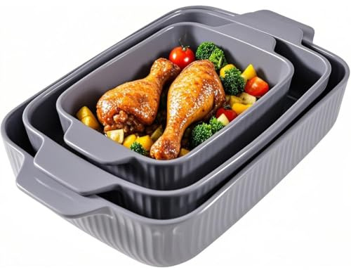Yachi Ceramic Casserole Dishes for Oven Set of 3 Pcs Rectangular Bakeware Set with Handle for Steak Beef Baking Pan Roast Chicken spaghetti Lasagna Pan vegetables Microwave Oven and Dishwasher Safe Gray (14.8''/12.7''/9.8'')