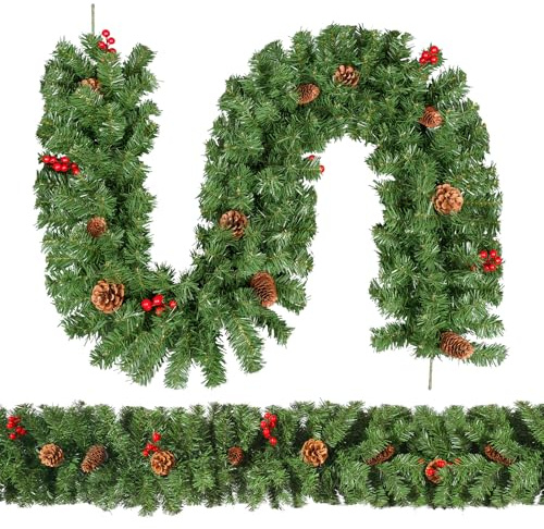 Uten Guirnalda de Navidad Artificial, Corona de Pino de PVC de 1,8 m, 10 Piñas y 6 Frutos Rojos, 200 Ramas, Decoración Navideña, Adecuada para Marcos de Puertas, Chimeneas, Escaleras, Ventanas (1.8m)