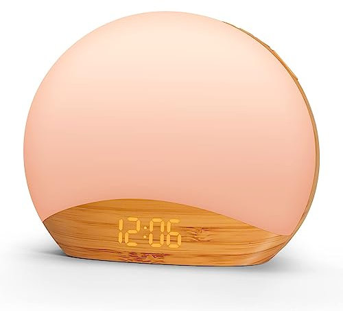 REACHER Wood Wake Up Light Alarm Clock, Sunrise Simulation, Bedside Lamp, White Noise Machine, 8 Colors NightLight, Digital Dimmable Clock, 26 Natural Sounds, Snooze, Sleep Timer for Kid, Adult
