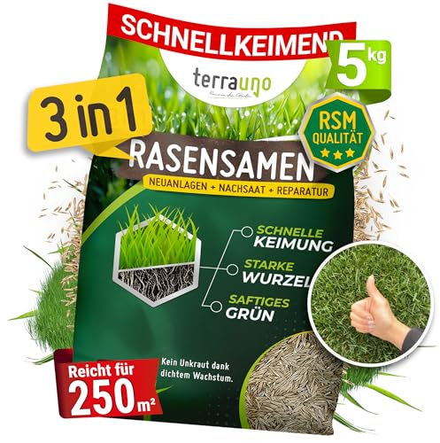 Terrauno - Nachsaat Rasen I Rasensamen schnellkeimend I Extrem hohe Keimrate I Für 250 m² I Rasensamen trockenresistent zur schnellen Lückenschließung I Rasennachsaat RSM Qualität