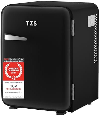TZS First Austria - Retro Mini Kühlschrank 40L lautlos - Kleiner Minikühlschrank im Vintage-Design mit Innenbeleuchtung & 2 Türfächern - Minibar für Camping, Büro, Schlafzimmer & Hotel - schwarz