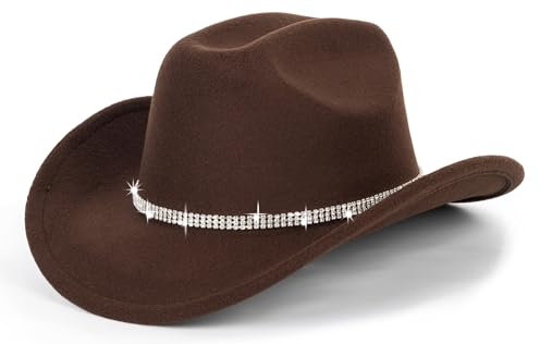 Cowboyhut für Damen, glitzernd, silberfarben, schwarz, Westernhut mit glitzernden Strasssteinen, 3 Kreise, Diamant, kaffeefarben, 7/7 1/4