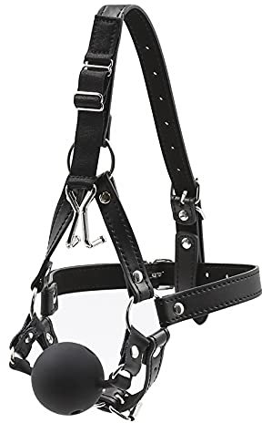 Bavaglio per bocca estremo, bavaglio per bocca SM, bavaglio a sfera per, imbracatura per la testa in pelle con bavaglio e gancio per naso, giocattolo sessuale SM per coppie estreme(Schwarz,M)