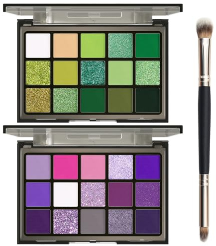 UCANBE 2pcs Eyeshadow Palette Makeup Set, Green Purple Colors Shimmer Matte Metallic Eye Shadow Pallet with Soft Brush Eye Make Up Kit for Halloween Cosplay Costume Beetlejuice Medusa Poison Ivy Ursla