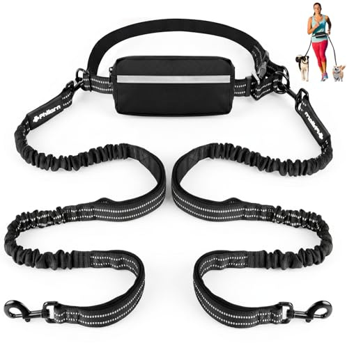 Philorn Hands Free Dog Lead with Adjustable Waist Belt for Medium Large 2 Dogs, Waist Dog Lead for Running, Walking, Jogging, Hiking with Dual Handles and Durable Bungee Black (For 2 Dogs)