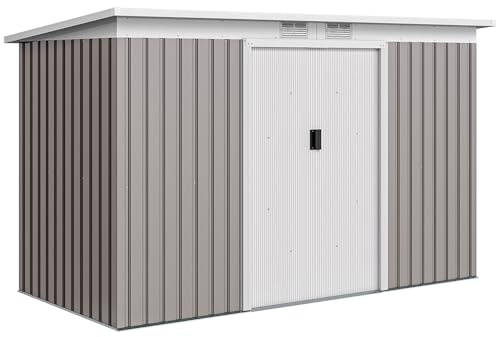 Outsunny Caseta de Jardín Exterior 3,2 m², 280x130x172 cm, Cobertizo de Jardín Exterior Metálico con Puerta Corredera, Techo Inclinado, Base Refuerzo (Suelo NO Incluido) y 2 Ventanas, Gris Claro