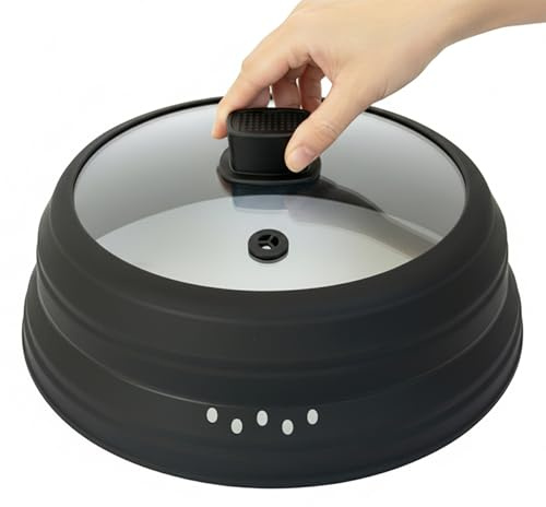 Mikrowellen-Spritzschutz, Glas, Mikrowellen-Abdeckung für Lebensmittel, zusammenklappbarer Spritzschutzdeckel mit Silikongriff für Töpfe, Teller, Schüssel, 24,8 cm, Schwarz