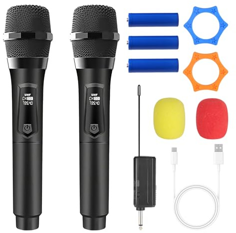 GOEDCH 2 micrófonos inalámbricos: micrófono inalámbrico dual UHF recargable, 4 horas de autonomía, alcance de 60 pies, micrófono dinámico inalámbrico dual para karaoke, boda, DJ, fiesta