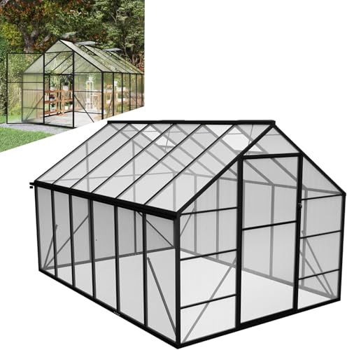 LZQ Trädgårdsväxthus aluminium med fundament 380 x 250 x 205 cm, växthus, växthus med skjutdörr och takfönster, växthus, trädgårdshus, vintersäker, uppfödning tomathus (20 x 30 cm)
